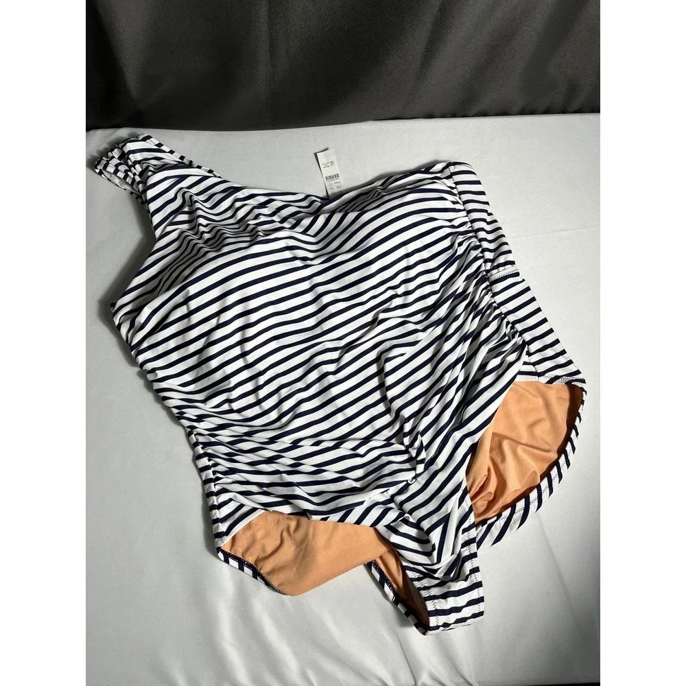 J.Crew Re-Imagined‎ One-Shoulder Ruched One-Piece Swimsuit Navy White Stripe 24